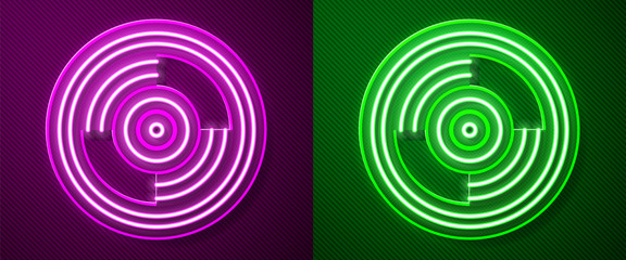 Glowing neon line Vinyl disk icon isolated on purple and green background. Vector Illustration
