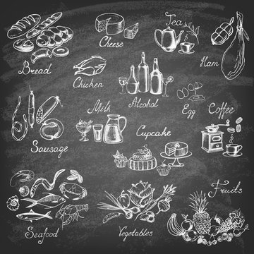 Retro vintage style food design. Hand drawn elements for cooking, vegetables, restaurant and vegetarian food. Vector illustration.