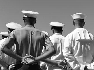 US Navy sailors from the back. US Navy army. - obrazy, fototapety, plakaty