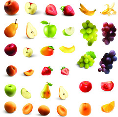collection of fresh fruits isolated on white background. Set of colorful fruit icons: apple, strawberry, orange, banana, grapes. Vector illustration