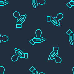 Green line Hand for search a people icon isolated seamless pattern on blue background. Recruitment or selection concept. Search for employees and job. Vector Illustration