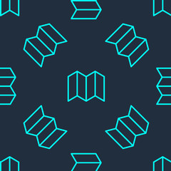 Green line Folded map icon isolated seamless pattern on blue background. Vector Illustration