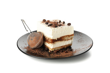 Plate with tiramisu isolated on white background. Tasty dessert