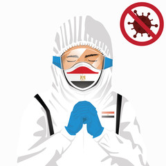 Covid-19 or Coronavirus concept. Egyptian medical staff wearing mask in protective clothing and praying for against Covid-19 virus outbreak in Egypt. Egyptian man and Egypt flag. Pandemic corona virus