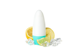 Body deodorants roll-on, lemon and ice isolated on white background