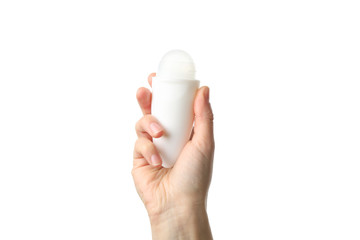 Female hand hold body deodorant roll-on, isolated on white background