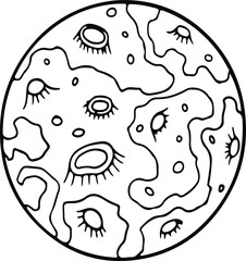 Decorative vector doodle moon. Hand drawn outline stock illustration of cute moon with craters isolated on white. Astronomy concept. Cartoon. Line art.
