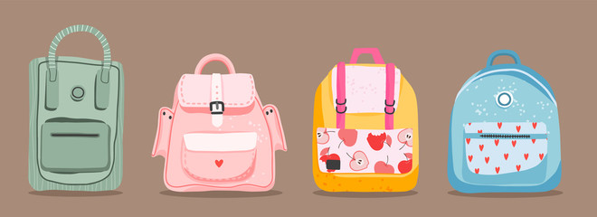 Cute hand-drawn backpacks. Variety of cartoony isolated backpacks on a light brown background. Back to school and education concept. Children's school bags.