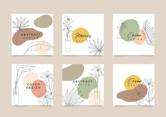 Social media stories and post creative Vector set. Background template with copy space for text and images. Abstract coloured shapes, line arts , floral and leaves, warm color of the earth tone	