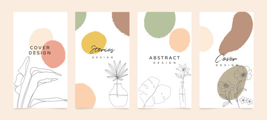 Fototapeta na wymiar Social media stories and post creative Vector set. Background template with copy space for text and images. Abstract coloured shapes, line arts , floral and leaves, warm color of the earth tone 