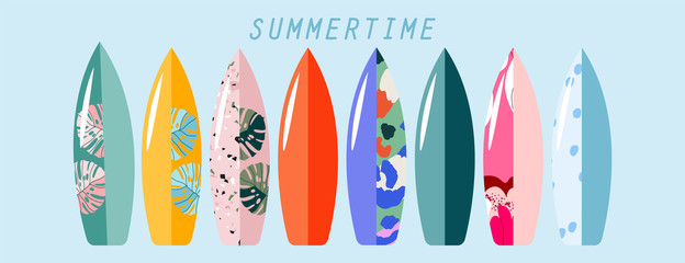 Standing surfboard set. Variety of isolated hand-drawn vector surfing boards. Summer sports and activities conceptual illustration. Trendy design for web and print.
