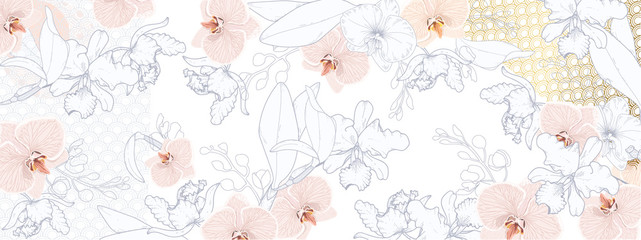 Orchids line arts pattern, Japanese style cover background. Luxury nature wallpaper for cosmetic, beauty packaging design and print out, Vector illustration.