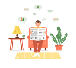 A young man sitting in an armchair is reading a newspaper. A man sits in a chair in the room and sipping coffee is studying the latest news. Cute vector illustration in cartoon style.