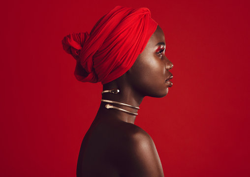 Stylish woman wearing red turban