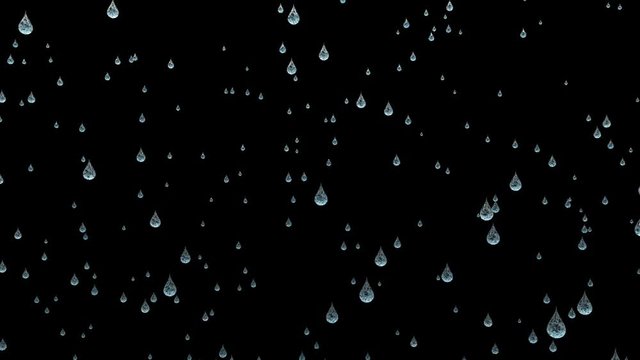 Drops of rain, as if made of moonstone, fall on a black background.
