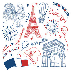 Fototapeta na wymiar Bastille Day set. Titles in French National Celebration, 14th of July. Eiffel tower, triumphal arch, decorations, fireworks, gallic rooster. Hand drawn vector sketch illustration