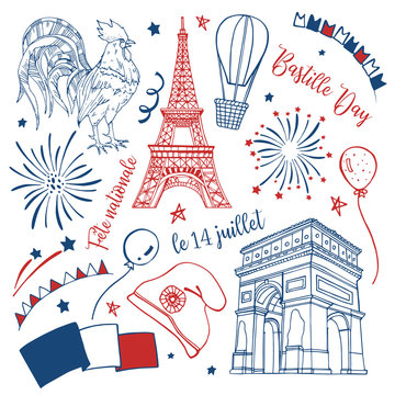 Bastille Day set. Titles in French National Celebration, 14th of July. Eiffel tower, triumphal arch, decorations, fireworks, gallic rooster. Hand drawn vector sketch illustration