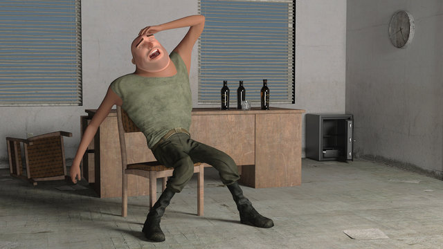 Realistic 3D render illustration of a bankrupt and furious businessman sitting near empty safe