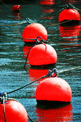 String of red buoys bobbing on water