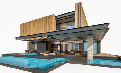 Fototapeta premium 3d rendering of modern cozy house with parking and pool for sale or rent with wood plank facade. Isolated on white