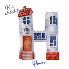 Watercolor illustration kids alphabet  on a white background. Letter H. Hand painted watercolor illustration.