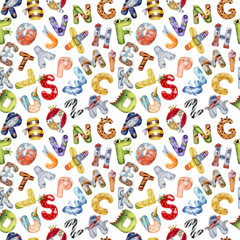 Watercolor seamless pattern with english kids alphabet  on a white background. Hand painted watercolor illustration.