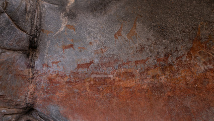 Historical paintings in the Nswatugi Cave, Matopos National Park Zimbabwe - obrazy, fototapety, plakaty