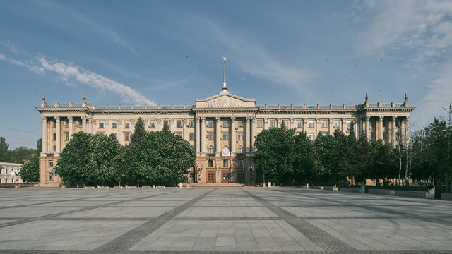 Mykolaiv Ukraine City Council Building. City Hall at Soborna Square. Ukrainian Architecture. Sunny morning.