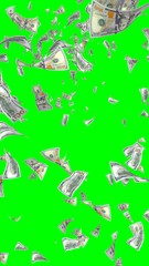 Flying dollars banknotes isolated on chromakey. Money is flying in the air. 100 US banknotes new sample. Vertical orientation. 3D illustration