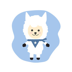 Cute cartoon white alpaca standing and feel happy. Kawaii, Childish drawing style.