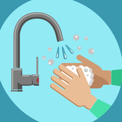 Wash your hands with soap suds and tap water in the bathroom. For personal hygiene, wash your hands under tap water to prevent flu and coronavirus. Thorough hand washing to kill bacteria and viruses. 