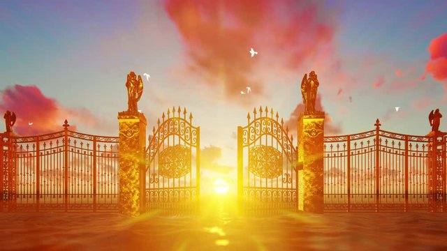 Golden gates of heaven opening against magical sunset and flying white doves