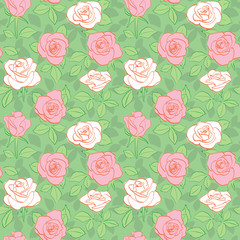 green seamless pattern - vector bright background with white and red of roses