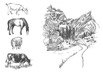 Idyllic mountain landscapes and farm animals set. Watercolor and sketch vector illustration