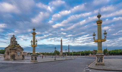 Fototapeta na wymiar Paris, France - 06 05 2020: Place de la Concorde at sunrise during confinement against coronavirus.