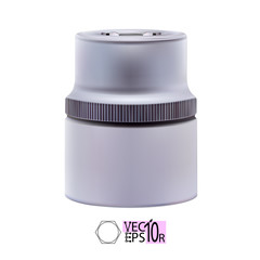 Realistic metal hexagonal socket, isolated on a white background. Cylindrical head for ratchet wrench, spanner. Shiny macro chrome side view. Vector illustration.