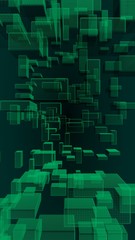 Green and dark abstract digital and technology background. The pattern with repeating rectangles. 3D illustration