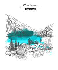 Idillyc mountain landscape with lake illustration. hand drawn vector  illustration and watercolor texture