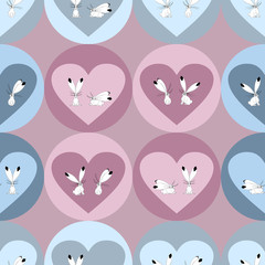 Seamless pattern with hearts and sketches of white rabbits.