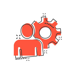 People with gear icon in comic style. Person cogwheel cartoon vector illustration on white isolated background. Teamwork splash effect business concept.