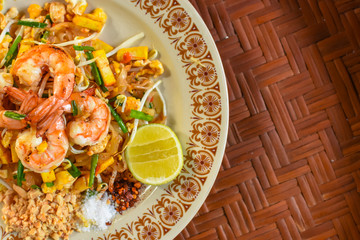 Thai Stir-fried rice noodles (Pad Thai) with shrimp and vegetables. One of the most famous food in Thailand. Thailand traditional dish.