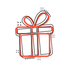 Gift box icon in comic style. Present package cartoon vector illustration on white isolated background. Surprise splash effect business concept.