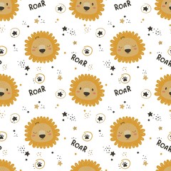 Seamless pattern with lion. Cute cartoon lions, stars and footprints. Scrapbook printable paper. Baby animal. Baby shower gender neutral. Flat vector print for kids.
