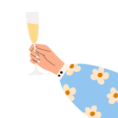 Female hand holding glass of sparkling wine. Woman's hans in bright clothes with memphis pattern holding glass. Alcohol drink. Concept of champagne lover. Side view. Flat vector illustration