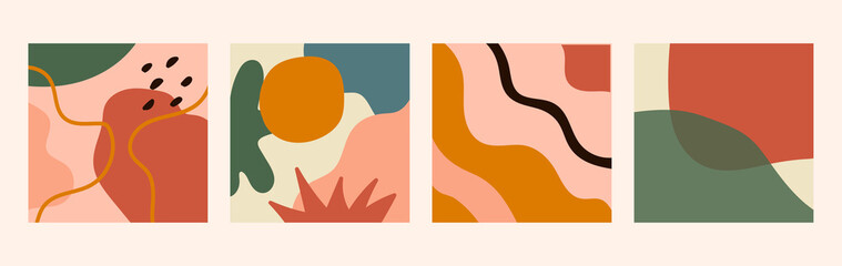 Set of four abstract backgrounds. Different abstract shapes. Isolated abstract illustrations. Hand drawn doodle objects and shapes. Vector illustration in pastel colors