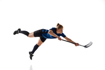Floorball female player isolated on white studio background. Action and motion, movement, healthy...