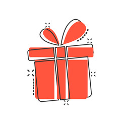 Gift box icon in comic style. Present package cartoon vector illustration on white isolated background. Surprise splash effect business concept.