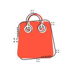 Shopping bag icon in comic style. Handbag cartoon sign vector illustration on white isolated background. Package splash effect business concept.