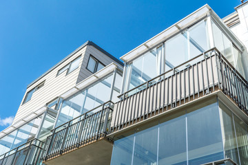 Fototapeta premium Modern Luxury Scandinavia Apartment Building Blue Sky Facade Home Residential Structure