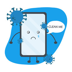 Cute cartoon of dirty mobile phone is full of coronavirus with bubble text "clean me". Concept of clean mobile phone.